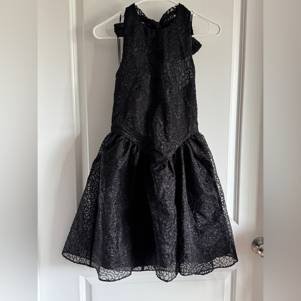 H&M EMBROIDERED HALTERNECK BLACK TEXTURED MINI DRESS - Picture 7 of 10